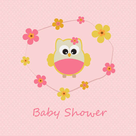 Vector greeting card on the topic of children. Baby shower. Little girl owl in the flowers.のイラスト素材