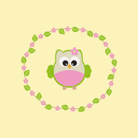 Vector card with summer theme. Owl among a wreath of flowers on a yellow background.のイラスト素材