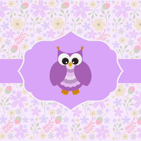 Vector greeting card on the theme of nature. Cute owl on floral background.のイラスト素材