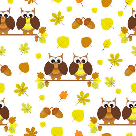 Vector seamless pattern on the theme of nature. Owls sitting on branches among autumn leaves and acorns.のイラスト素材