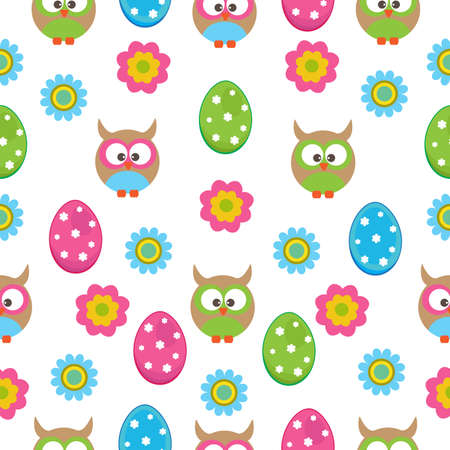 Vector seamless pattern with an Easter theme. Owls, among eggs with patterns and colors.のイラスト素材