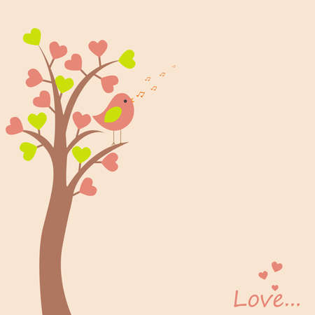 Vector card with a romantic theme. The bird sitting on the tree with leaves in the shape of a heart singing a song.のイラスト素材