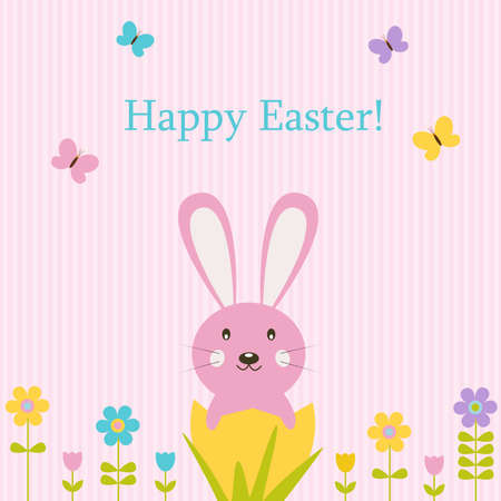 Vector card for Easter. Bunny sitting in the egg, among the flowers and butterflies.のイラスト素材