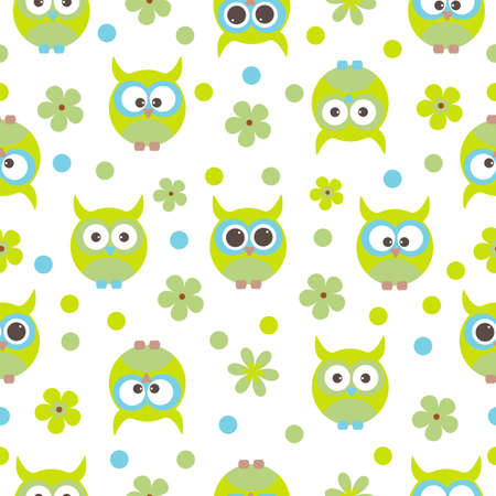 Vector seamless pattern on the theme of birds. Cute owls, among the flowers.のイラスト素材