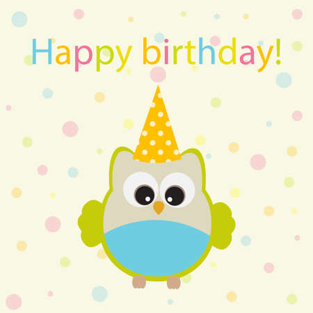 Vector greeting card on the theme of the birthday celebration. Cute owl on a delicate background of soap bubbles.のイラスト素材