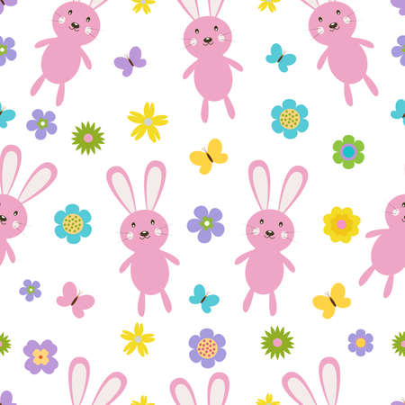 Cute bunnies on a background of flowers and butterflies.のイラスト素材