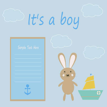 Vector greeting card on the topic of children. The birthday boy, the rabbit with the ship on the background of clouds.のイラスト素材