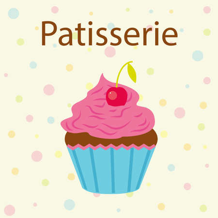 Vector card with cake shop topic. Cake with cherries and inscription.のイラスト素材