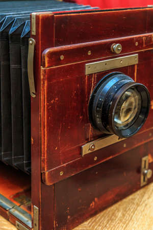 vintage wooden camera closeupの写真素材