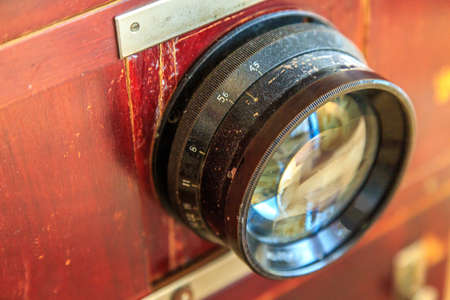 vintage wooden camera closeupの写真素材