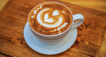 Big cup of cappuccino on a wooden background