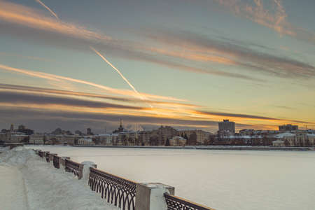 horizontal panorama of the night winter cityの写真素材