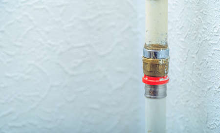 hot water pipe and red ring close upの写真素材