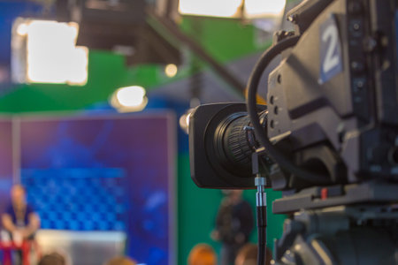 Television camera close-up in the news studio