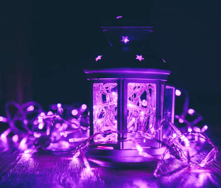 the christmas lantern and garland close upの写真素材