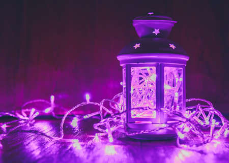 the christmas lantern and garland close upの写真素材