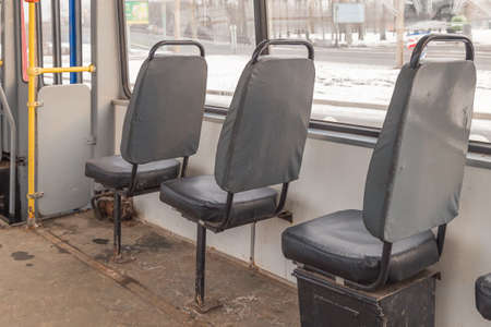 interior of an old tram close upの写真素材