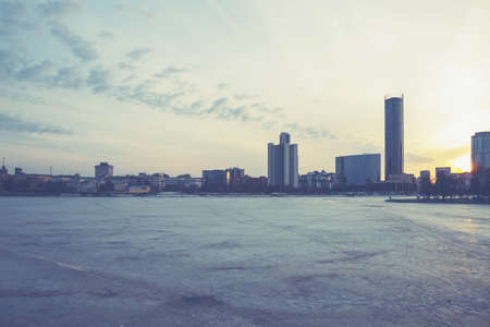horizontal panorama of the night winter city in Russiaの写真素材
