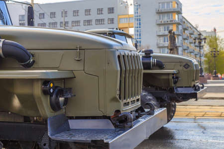 Military vehicle on the street close upの写真素材