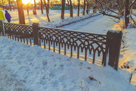 park in winter at sunset in Russiaの写真素材