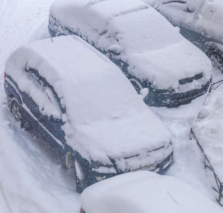 top view parked cars snowed during a snowfallの写真素材