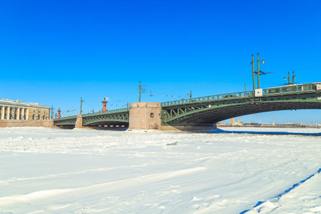 Panorama of the Palace Bridge in St. Petersburg in winterの写真素材