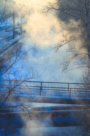 Smoke from the pipes of the factory in winterの写真素材