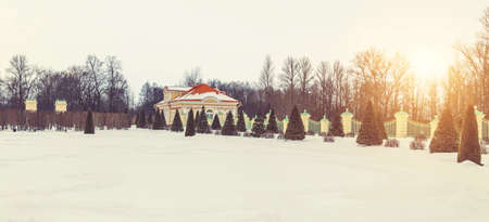 Park in winter at sunset in Russiaの写真素材
