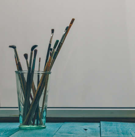 brushes for drawing in a glass close-upの写真素材