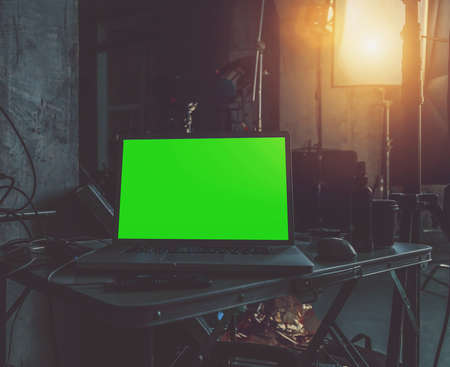 laptop with a green screen close upの写真素材