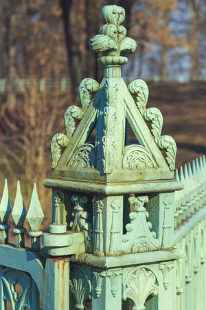 antique iron green fence close-up in the park