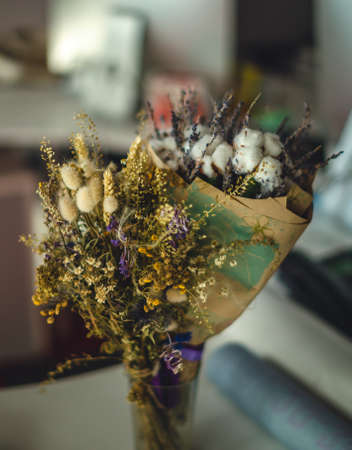 old herbarium bouquet close up on tableの写真素材