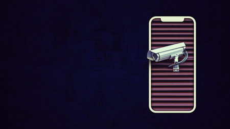 street surveillance camera on smartphone screen on color digital background