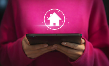 Woman using smartphone with home icon on screen. Concept of real estate.の写真素材