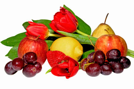 Fruit, berries and flowers on the white isolated backgroundの写真素材