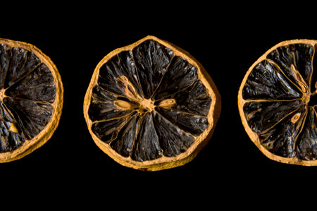 Three dry lemon wedges on black isolated background close up