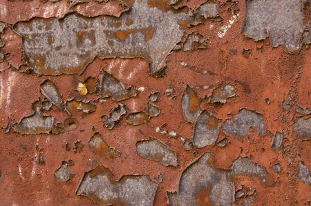Texture of old concrete red painted wall with peeling paint spots