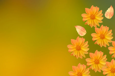 Bright beautiful floral background of bright pink yellow dahlia flowers with autumn leaves on an...
