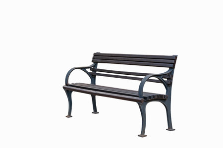 Old wooden street bench in brown and dark gray tones on white isolated background