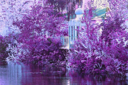 Beautiful gazebo among the trees near the lake in lilac blue tones on a sunny day in the city parkの写真素材