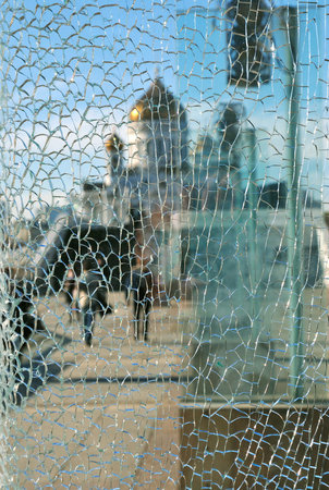 View of the Temple of Christ the Savior in Moscow through the broken glass