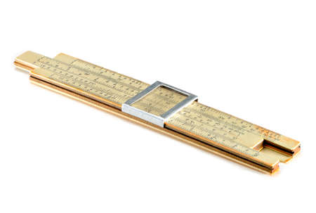 Old Soviet-made pocket slide rule mechanical calculator isolated on white の写真素材