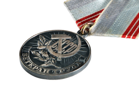 Moscow, Russia - April 20, 2014   Soviet medal  Veteran of Labour   Medal for labor veterans のeditorial素材