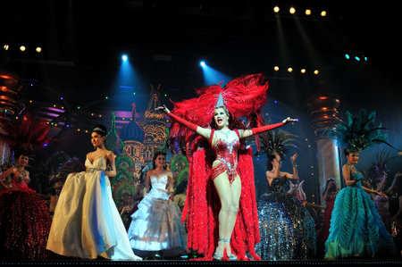 PATTAYA, THAILAND - AUGUST 30, 2011  Performance of the actors on stage Alcazar cabaret show in Pattaya Thailand on August 30, 2011  Male and ladyboy artists perform all the female roles in the show のeditorial素材