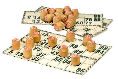 Cards and kegs for Russian lotto (bingo game) isolated on a white background.の写真素材