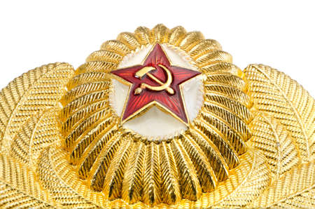 Russian military gold badge with a red star on a white background  Macro shoot の写真素材
