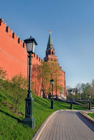 Wall and Borovitsky tower of the Moscow Kremlin from the Alexander Gardenの写真素材