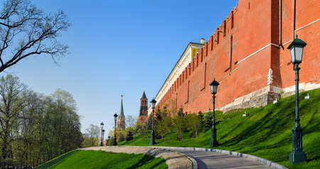 Panoramic view of a wall and towers of the Moscow Kremlin from the Alexander Gardenの写真素材
