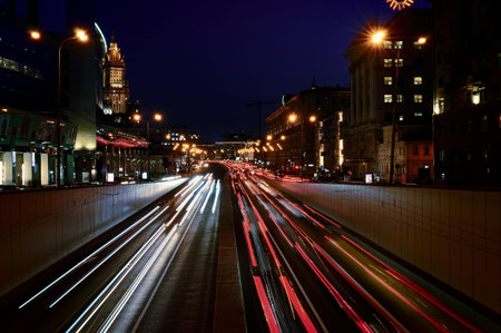 Night car traffic on the Garden ring street on departure from a tunnel in the center of Moscow