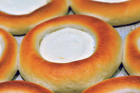 Round cheesecakes as a background. Photo with shallow depth of fieldの写真素材